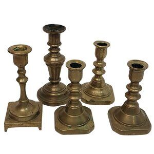 Antique Solid Brass Candlestick Holders Set Of 5 Mixed Styles & Heights